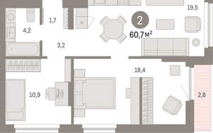 2-к квартира, вторичка, 61м2, 3/12 этаж