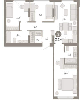 3-к квартира, вторичка, 81м2, 4/12 этаж