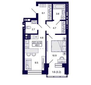 2-к квартира, вторичка, 43м2, 20/20 этаж