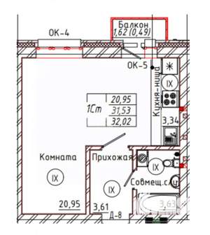 1-к квартира, вторичка, 32м2, 4/4 этаж