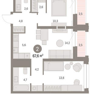 2-к квартира, вторичка, 67м2, 26/30 этаж