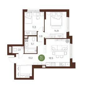 3-к квартира, строящийся дом, 69м2, 25/27 этаж