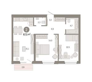 2-к квартира, вторичка, 68м2, 4/9 этаж