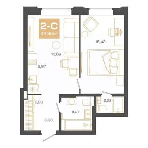 2-к квартира, строящийся дом, 49м2, 2/24 этаж