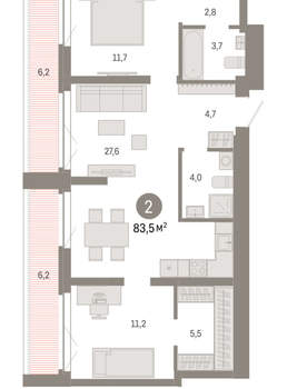 2-к квартира, вторичка, 83м2, 7/23 этаж