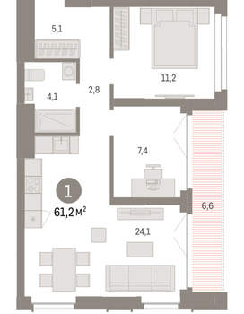1-к квартира, вторичка, 61м2, 13/23 этаж