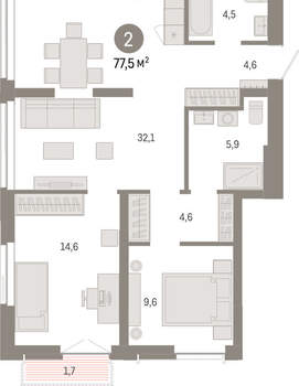 2-к квартира, вторичка, 77м2, 9/23 этаж