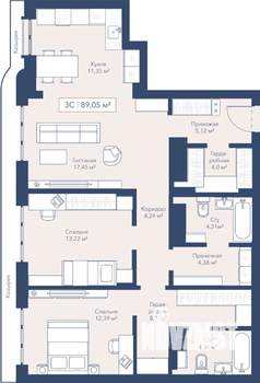 3-к квартира, вторичка, 89м2, 22/24 этаж