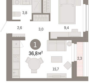 1-к квартира, вторичка, 37м2, 2/12 этаж