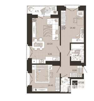 3-к квартира, строящийся дом, 69м2, 22/25 этаж