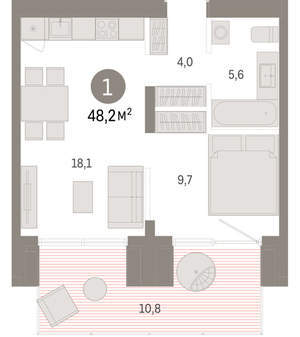 1-к квартира, вторичка, 48м2, 1/15 этаж