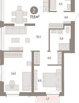 2-к квартира, вторичка, 77м2, 10/23 этаж