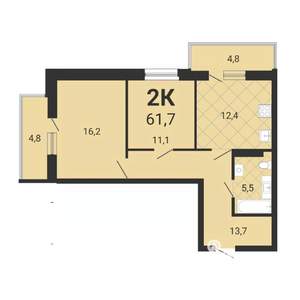 2-к квартира, вторичка, 62м2, 6/15 этаж