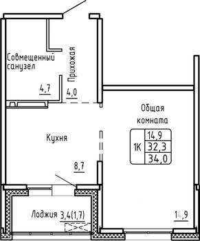 1-к квартира, строящийся дом, 34м2, 15/17 этаж