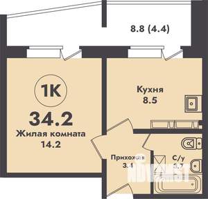1-к квартира, строящийся дом, 34м2, 10/17 этаж