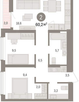 2-к квартира, вторичка, 60м2, 14/15 этаж