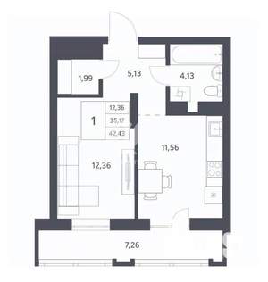 1-к квартира, вторичка, 42м2, 7/21 этаж