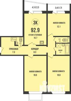 3-к квартира, строящийся дом, 93м2, 1/13 этаж
