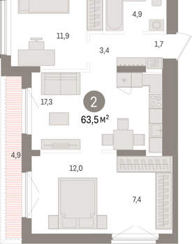 2-к квартира, вторичка, 63м2, 8/15 этаж