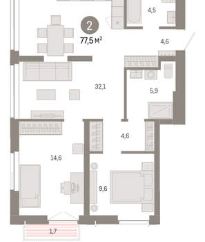 2-к квартира, вторичка, 77м2, 11/23 этаж