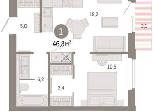 1-к квартира, вторичка, 46м2, 6/24 этаж