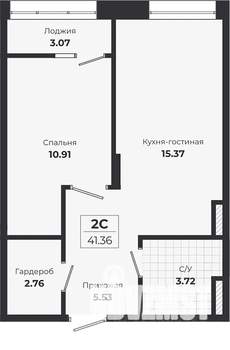 1-к квартира, строящийся дом, 38м2, 2/9 этаж