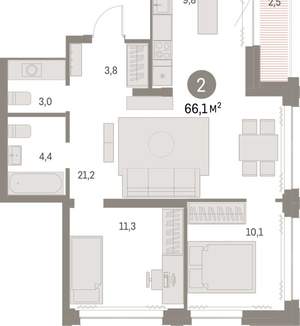 2-к квартира, вторичка, 66м2, 24/30 этаж
