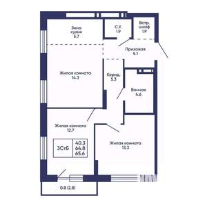 3-к квартира, вторичка, 66м2, 6/24 этаж