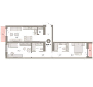 2-к квартира, вторичка, 86м2, 4/15 этаж