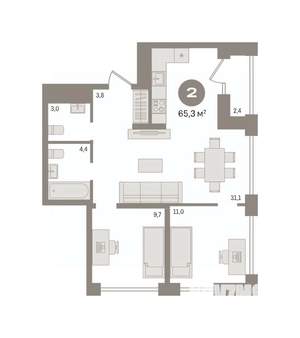 2-к квартира, вторичка, 65м2, 26/30 этаж