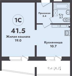1-к квартира, строящийся дом, 42м2, 9/17 этаж