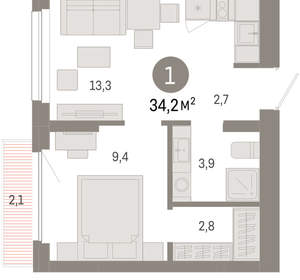 1-к квартира, вторичка, 34м2, 10/12 этаж