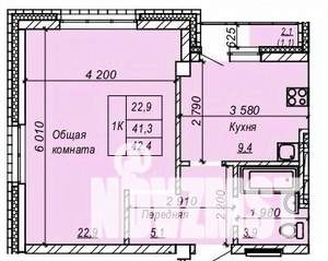 1-к квартира, строящийся дом, 42м2, 7/9 этаж