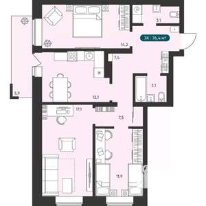3-к квартира, вторичка, 76м2, 10/25 этаж