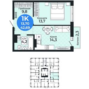 1-к квартира, вторичка, 43м2, 7/25 этаж