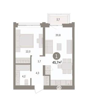 1-к квартира, вторичка, 46м2, 6/8 этаж