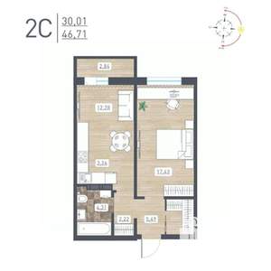 2-к квартира, строящийся дом, 47м2, 17/17 этаж
