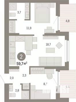 2-к квартира, вторичка, 60м2, 8/12 этаж