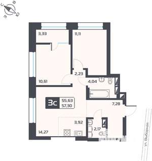 3-к квартира, вторичка, 57м2, 23/25 этаж