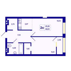 2-к квартира, вторичка, 47м2, 6/26 этаж