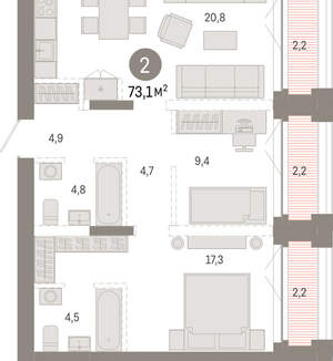 2-к квартира, вторичка, 73м2, 13/23 этаж