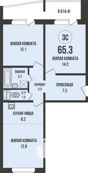 2-к квартира, строящийся дом, 65м2, 8/13 этаж