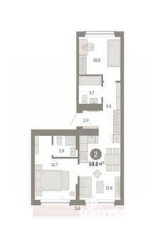 2-к квартира, вторичка, 59м2, 8/9 этаж
