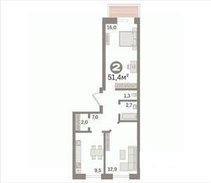 2-к квартира, вторичка, 51м2, 6/9 этаж