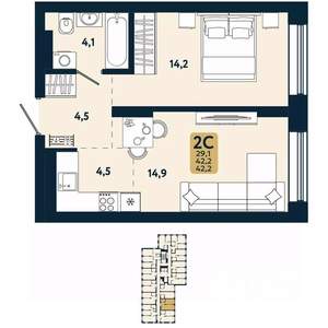 2-к квартира, вторичка, 42м2, 16/25 этаж