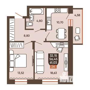 2-к квартира, вторичка, 61м2, 18/19 этаж