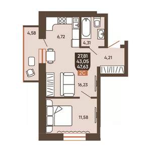 2-к квартира, вторичка, 48м2, 10/19 этаж