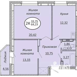 2-к квартира, строящийся дом, 64м2, 16/25 этаж