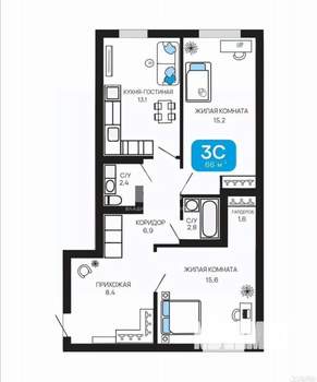 2-к квартира, вторичка, 66м2, 2/10 этаж