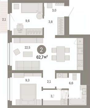 2-к квартира, вторичка, 63м2, 5/12 этаж